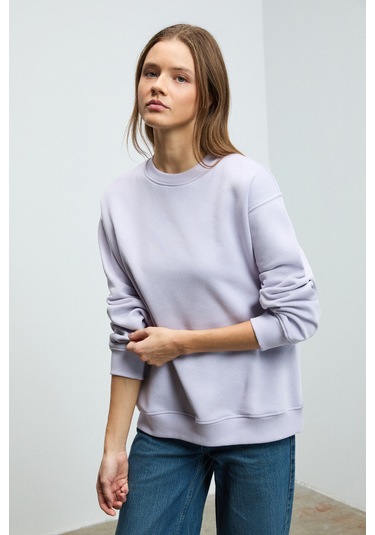 KARIUS Kadın Organik Pamuklu İçi Polarlı Oversize Yuvarlak Yakalı Lila Sweatshirt