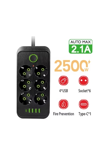 6 Soket 4 Usb 1 Pd Şarj Termal Akım Korumalı Priz 2 Metre Kablo Çoklu Priz 6 Lı Priz 2 M