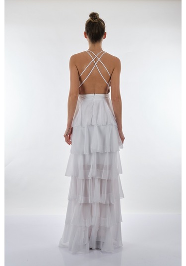 Dori V Yakalı Kat Kat Şifon Abiye Elbise 221kb3039 Beyaz