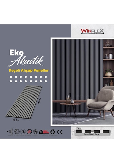 Winflex Eko Keçeli Akustik Ahşap Paneli Antrasit 50x240cm .