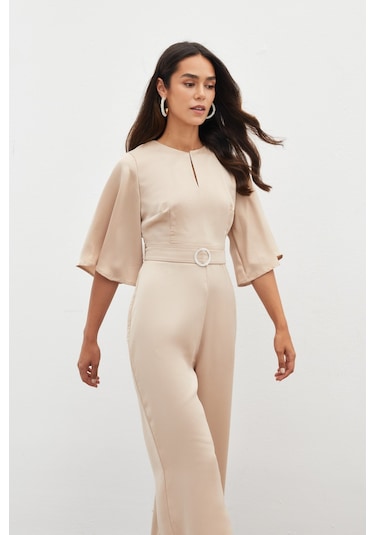 Sateen Kemerli Krep Tulum - Bej