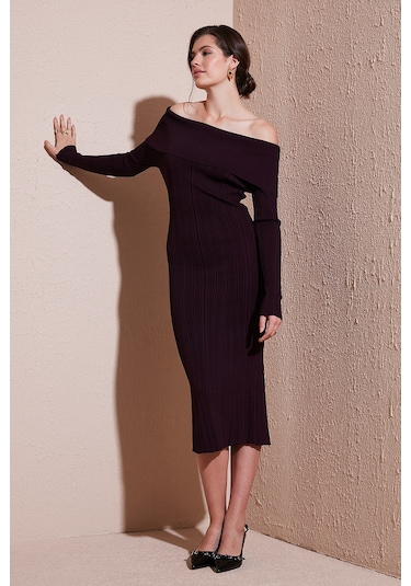 Lela Premium Fitilli Carmen Yaka Slim Fit Midi Boy Triko Bayan Elbise 680El00033 Mürdüm