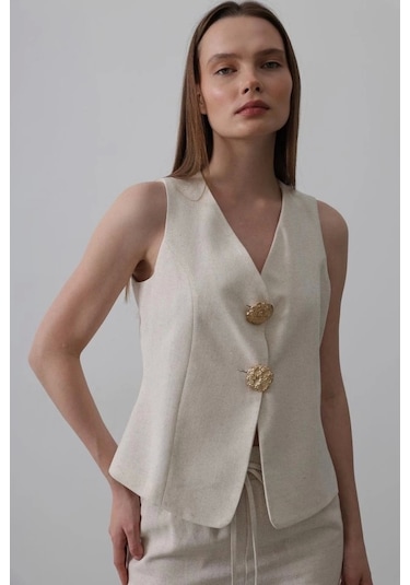 Defymoda Düğme Detaylı Yelek - Krem Krem