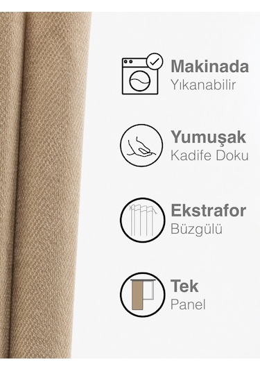 Kadife Dokulu Haki Renk Ada Fon Perde Ekstrafor Büzgülü Haki