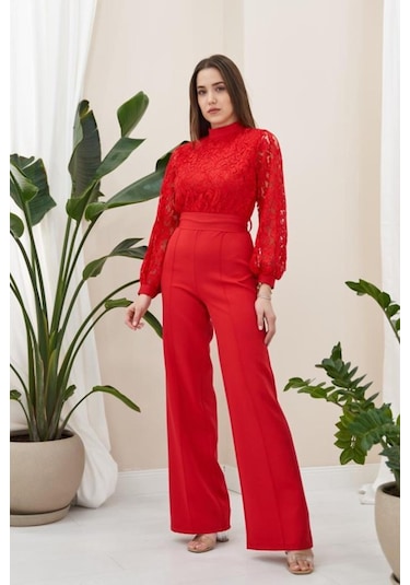 Ahes Shopping Kırmızı Üstü Dantel Tulum Kırmızı