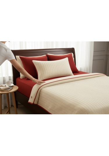 Kırmızı - Ekru Örgü Desen Tek Kişilik Nevresim Takımı Pike Tkm Kırmızı - Krem