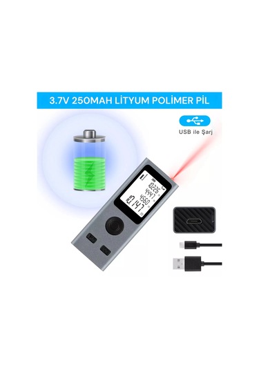 Shopytech Mini Usb Şarjlı Lazer Metre 50 M Dijital Mesafe Ölçer Alan/hacim Hesabı Pisagor Sürekli Öl 1 Adet
