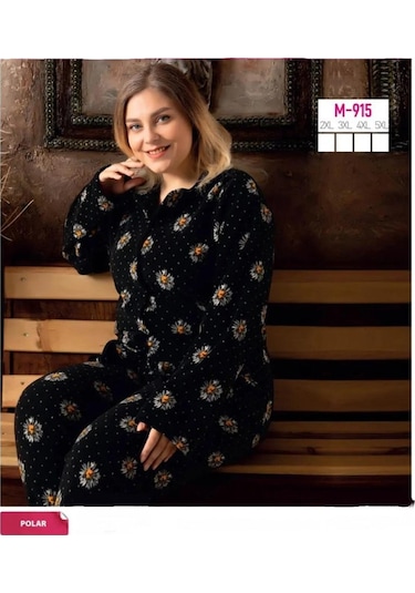 Sude Kadın Büyük Beden Kışlık Polar Gömlek Yaka Pijama Takımı M 915- 1 Adet 001