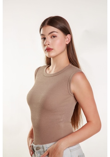 Kadın Vizon Fitilli Likralı Sıfır Kol Bisiklet Yaka Örme Atlet Tshirt Bluz Vizon