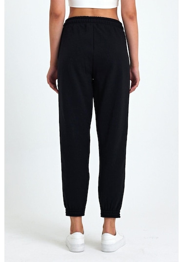 Kadın Siyah-antrasit Pamuklu Kalın Paçası Lastikli Yüksek Bel Rahat Jogger 2'li Eşofman Altı 001