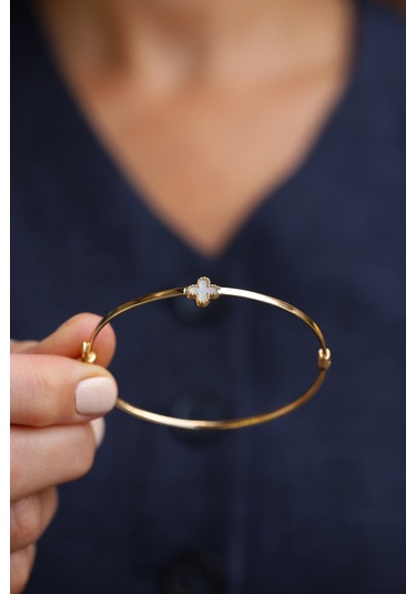 14 Ayar Altın Tek Sedefli Yonca Detaylı Kelepçe Sarı Altın