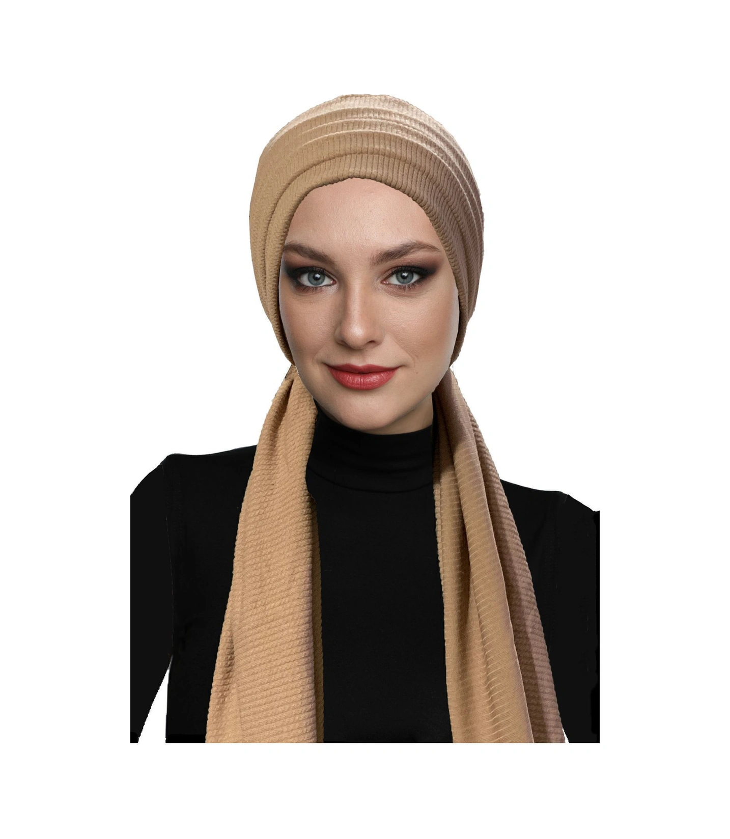 Fitilli Penye Bağlama Camel Hazır Türban Tesettür Bone Camel