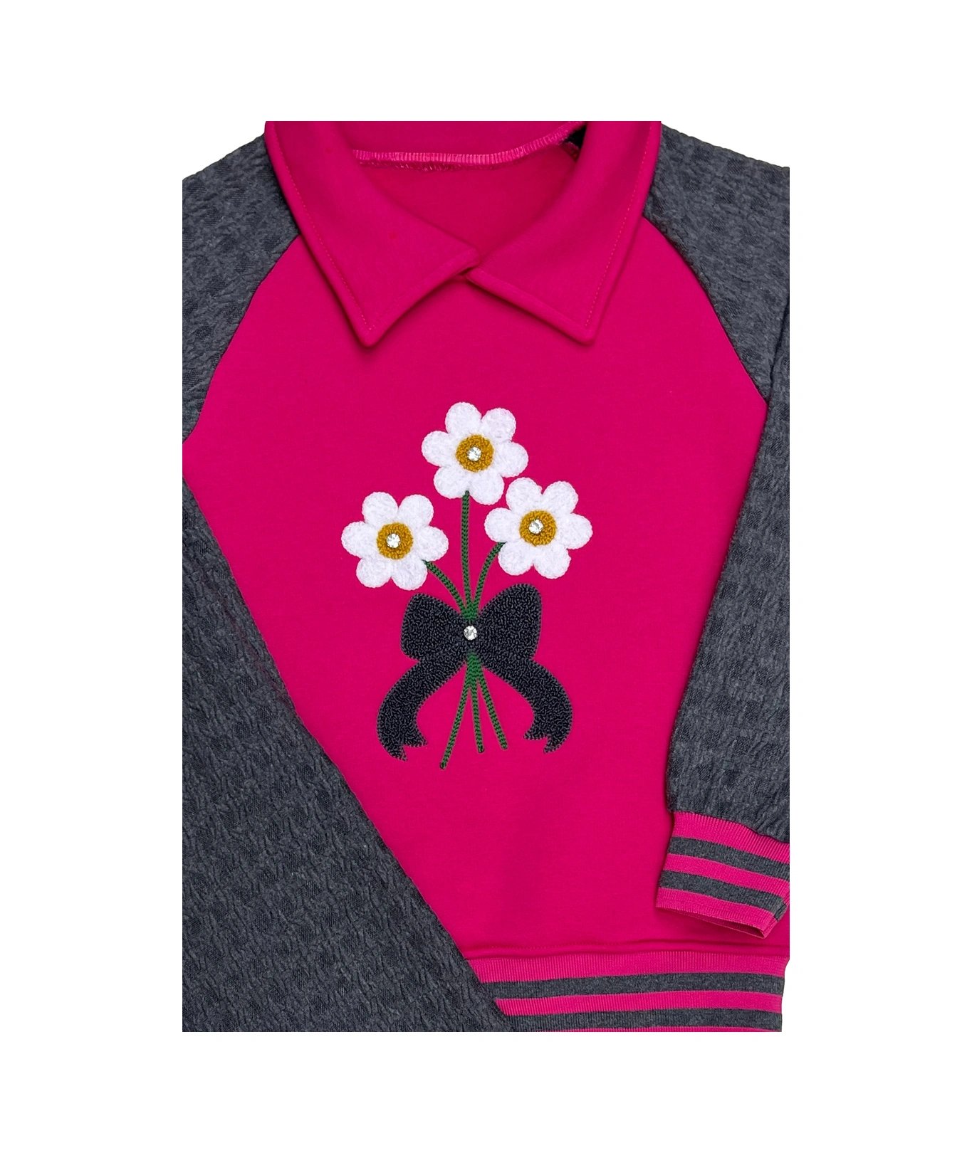 Kız Çocuk Papatya Nakışlı Ribana Detaylı 3 İplik Alt- Üst Takım 12322 Fuşya