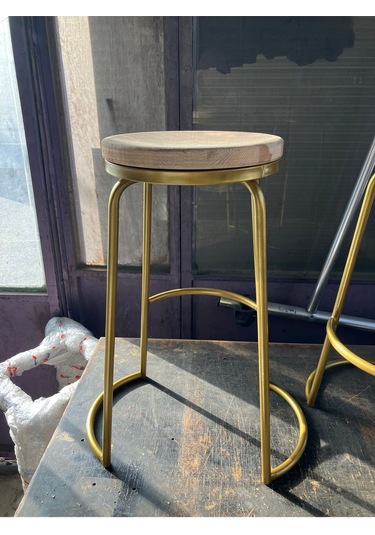 Tory Gold Metal Yuvarlak Doğal Ahşap Bar Taburesi Gold