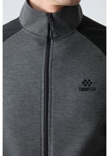 Tommy Life Antrasit - Siyah Dik Yaka Çift Renk Rahat Form Klasik Paça Erkek Eşofman Takımı - 85113 Antrasit