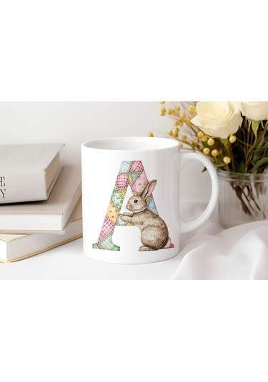 A Harfli Tavşan Kupa - Patchwork / Yamalı Desenli İsme Özel Kupa - Pastel Vintage Tarz Hediyelik 07 Beyaz