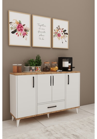 Nedudo Kahve Köşesi Çok Amaçlı Dolap 4 Kapaklı 1 Çekmeceli Kiler Mutfak Dolabı Beyaz Atlantik Beyaz - Atlantik Çam