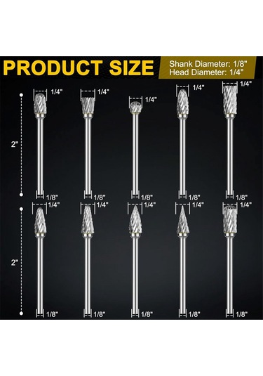 Xurunkeji Karbür Freze Seti Dremel Döner 1/8 İnç Şaft 10 Adet Kalıp Taşlama Makinesi Döner Alet Raspa Uçları Aksesuarları İle Uyumlu