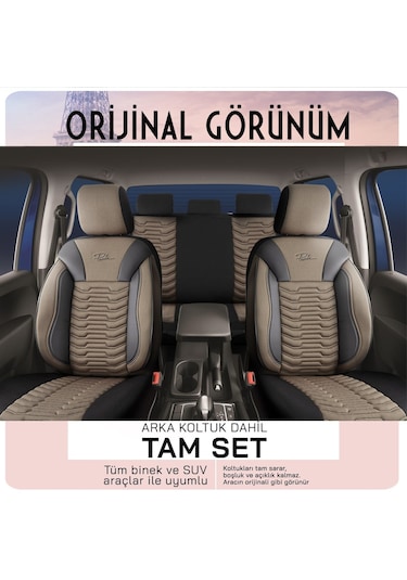 Panda Paris Serisi Pike Kumaş Oto Koltuk Kılıfı Tam Set Bej - Siyah