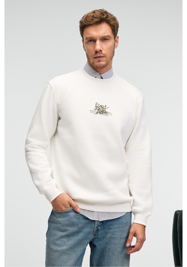 Grimelange IRVING Erkek Yuvarlak Yaka Göğsü Ve Önü Regular Fit Ekru Sweatshirt