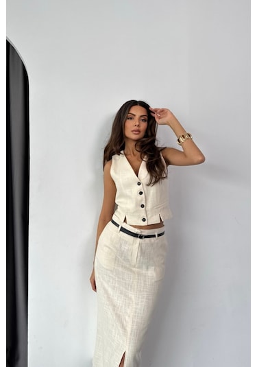 Yelek-önden Yırtmaçlı Etek Tk Şantuk Keten - Ham Ham