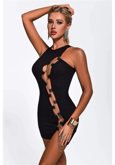 Bayan Zincirli Siyah Mini Elbise Kırmızı