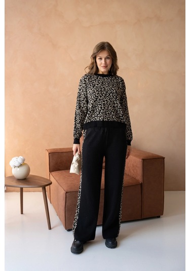 Kadın Geniş Yaka Desenli Kazak Pantolon İkili Triko Takım Siyah