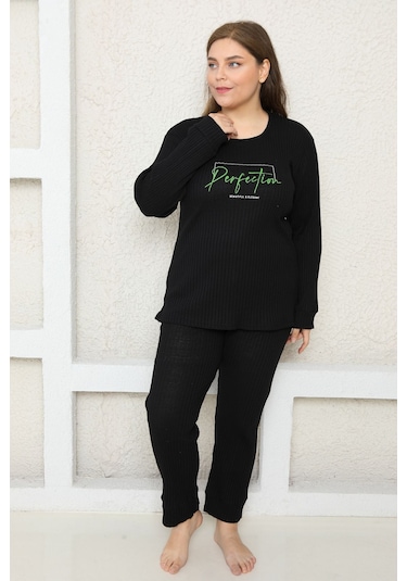 Fames Pijama Büyük Beden Fitilli Pijama Takim Siyah