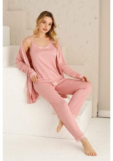 Sabahlıklı Dantel Detaylı Pegasus Kadın Pijama Takımı-çeyizlik Takım- Geniş Beden Aralığı Pudra