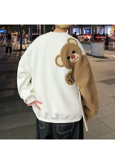 Beyaz Çift Kazak Karikatür Ayı Yuvarlak Rahat Gevşek Yaka Uzun Kollu Büyük Boy Yumuşak Sıcak Erkek Kadın Spor Üst Beyaz Beyaz Çift Kazak Karikatür Ayı Yuvarlak Rahat Gevşek Yaka Uzun Kollu Büyük Boy Yumuşak Sıcak Erkek Kadın Spor Üst Beyaz