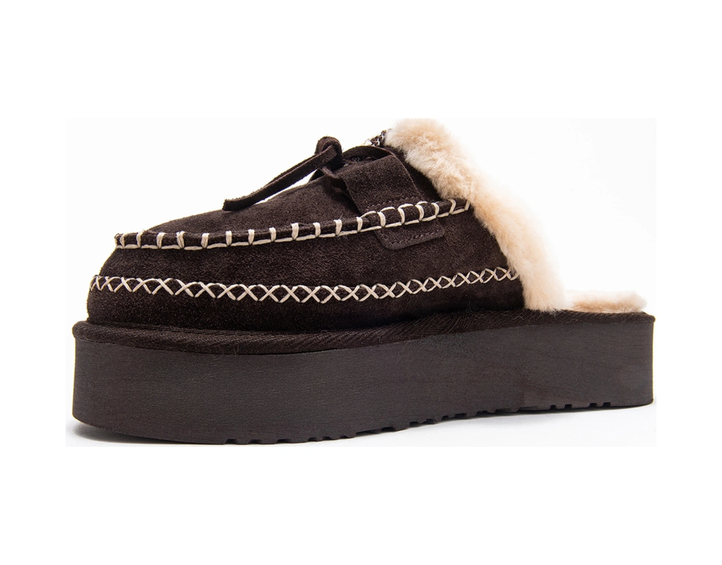 Yalına Kahverengi Süet Hakiki Deri Dikişli Kürklü Kadın Platform Tabanlı Makosen Terlik Kahverengi