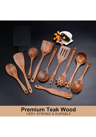 Vkemall Doğal Teak Ahşap Mutfak Gereçleri Seti - 10 Parça, El Yapımı, Toksiksiz, Anti Yapışkan, Mutfak Gerekli Malzeme Kahverengi