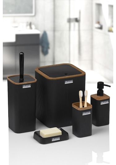 Okyanus Home Mina Siyah Ahşap Desenli Çizgili Kare 5'li Banyo Seti Siyah