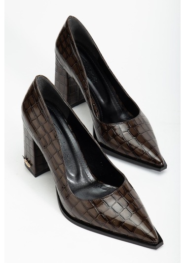 Suins Premium Kevin Model Kadın Kalın Topuklu Kroko Stiletto Ayakkabı Kahve