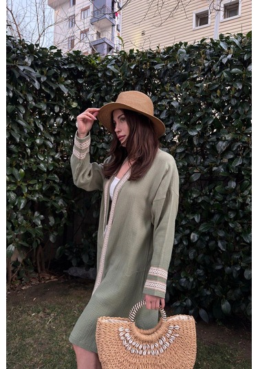 Kadın Hakı Müslin Kumaş, Hasır Şerit Detaylı Salaş Kimono Ceket Haki