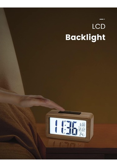 Singree Ahşap Dijital Alarm Saat - Büyük Lcd Ekran, Işık Sensörü, Snooze Ve Sicaklık Gösterimi - Pil İle Çalışır Pil Hariç