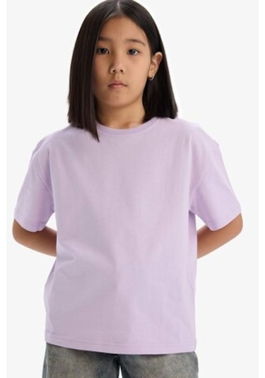 DeFacto Kız Çocuk Relax Fit Bisiklet Yaka Basic Düz Kısa Kollu Tişört D9099A825SMPR143 Mor