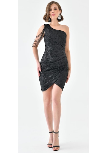 Hanife Glam Couture Hanife Glam Tek Omuz Taş Tasarımlı Mini Pulpayet Elbise Siyah