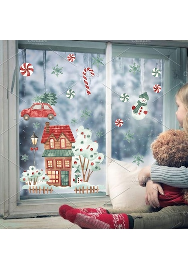 MSticker Yılbaşı Karlı Ev Ağaçlar Yeni Yıl Süsleri Çocuk  Bebek Odası Sticker Seti