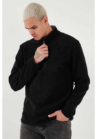 Buratti Regular Fit Anti-Pilling Tüylenme Yapmayan Dik Yaka Kalın Kışlık Şardonlu Erkek Polar 5896700 Siyah