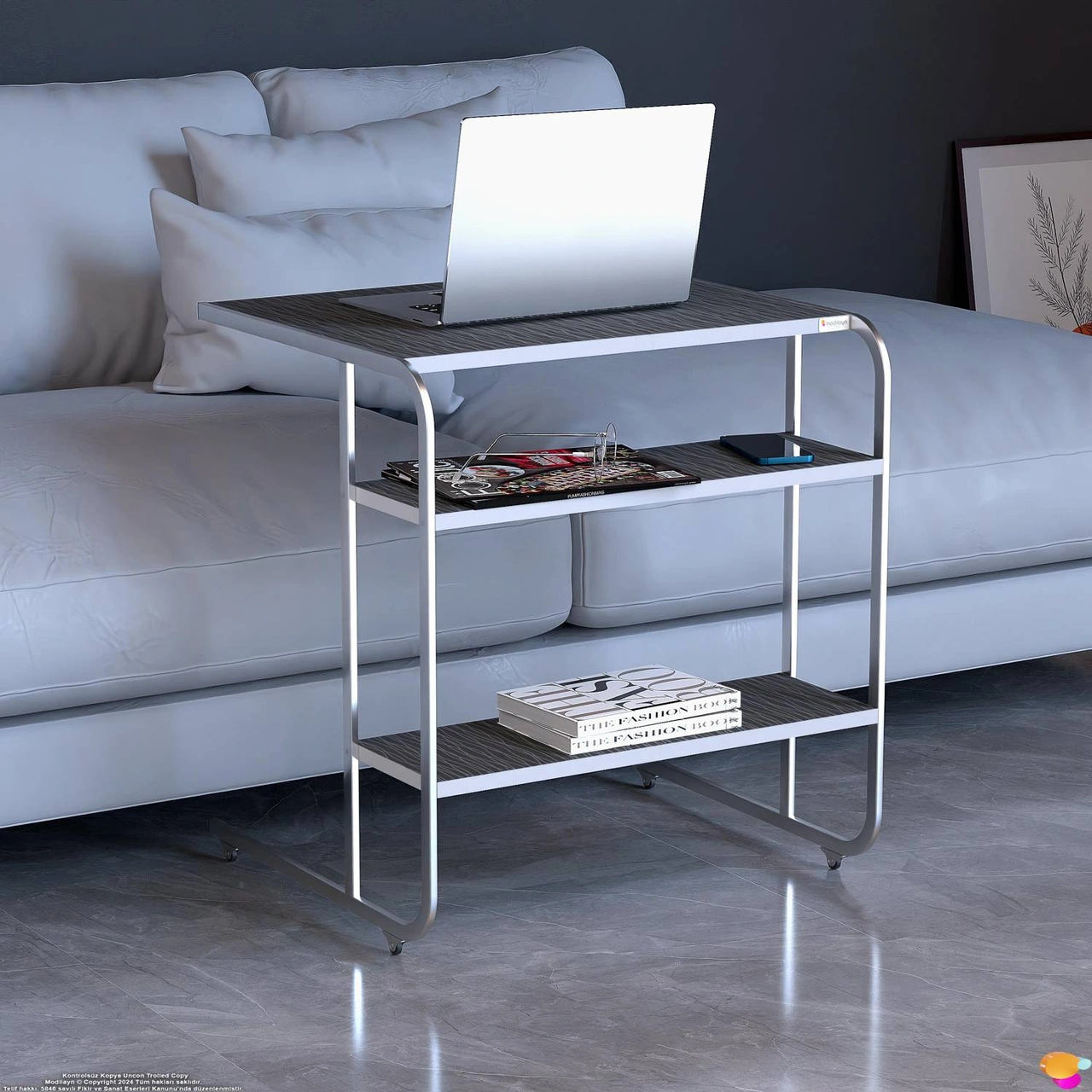 Modilayn C Yan Sehpa Geniş Boy Tekerlekli Çalışma, Atıştırmalık, Yemek, Laptop Sehpası Siyah Çizgili Siyah