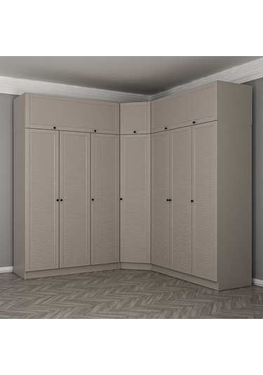 Kale 7 Kapaklı 4 Çekmeceli Köşe Dolap + Yüklük Kumtaşı Mebran Panjur 255cm Bej