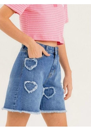 Kız Çocuk Kalp İşlemeli Denim Şort-13912 Mavi
