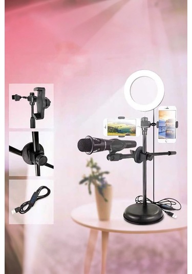 Thentech Telefon Ve Mikrofon Tutuculu Yuvarlak Ledli Tripod