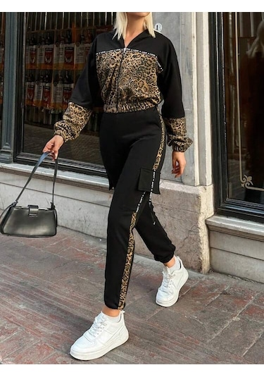 S-pazarım Kadın Uzun Kollu Kapşonlu Leopar Desenli Viskon Iki Iplik Bluz Ve Pantolon Ikili Takım Siyah