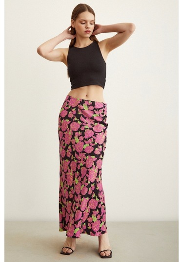 Never More Gül Desenli Saten Etek Pembe