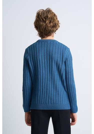 Alexandergardı Desenli Uzun Kollu Triko Çocuk Kazak Mavi