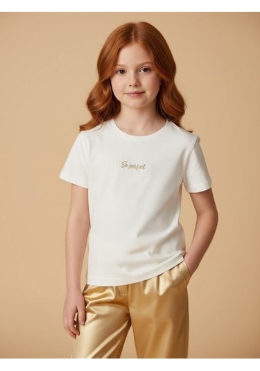 Zekids Kız Çocuk Tasarım T-shirt-17201 Ekru