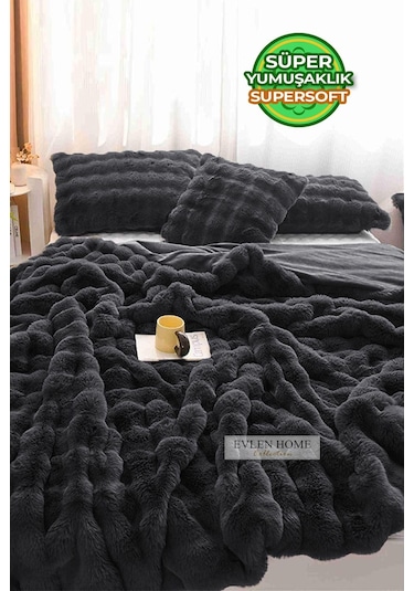 Evlen Home Kürk Yatak Örtüsü Çift Kişilik Dolgulu Peluş Yumuşak Çift Taraflı Yorgan 3 Parça Loria Antrasit Füme Antrasit