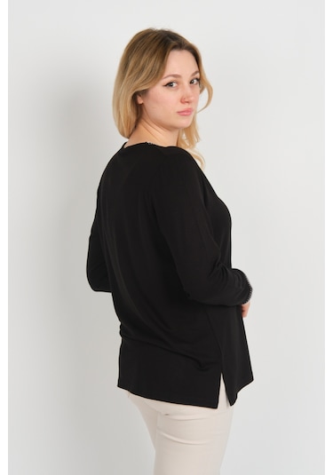 Detay Triko Kadın V Yaka Taş İşlemeli Uzun Kol Anne Bluz 5751 Siyah Siyah